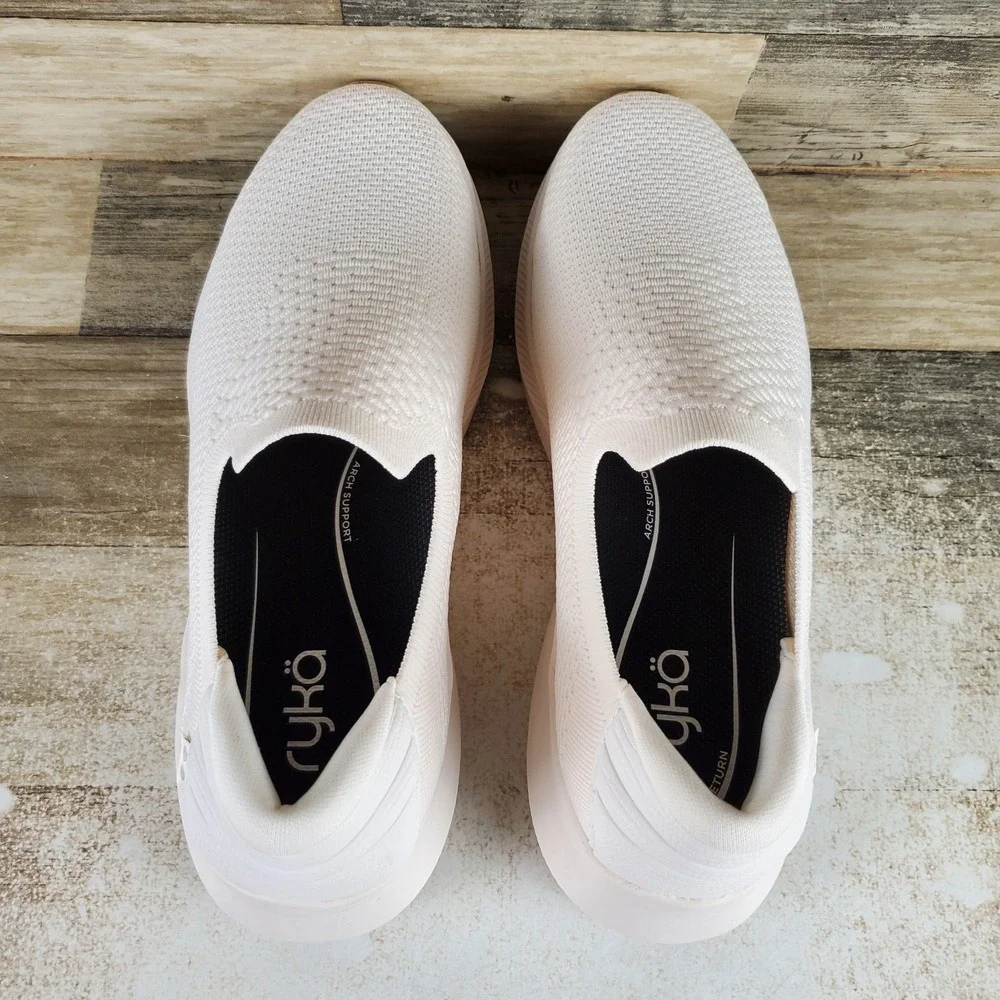 Ryka Fling Womens Sz 11 W Athletic Running White Stretch-Knit Slip On Sneakers
